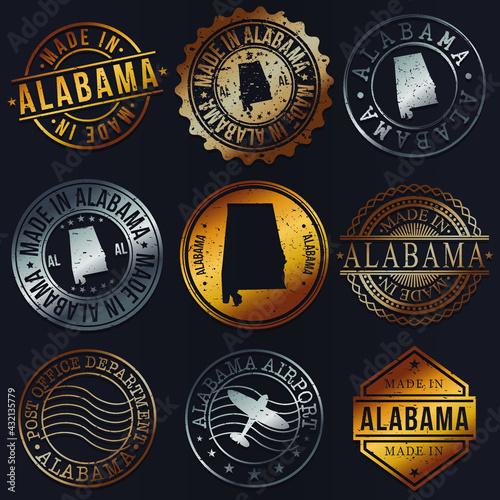Alabama, USA Business Metal Stamps. Gold Made In Product Seal. National Logo Icon. Symbol Design Insignia Country.