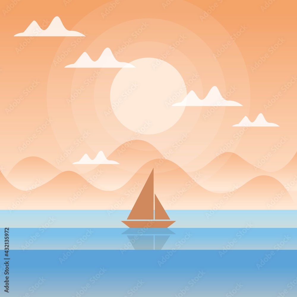 Flat desidn Sea landscape, Nature vector background, landscape with mountains and sun with boat 