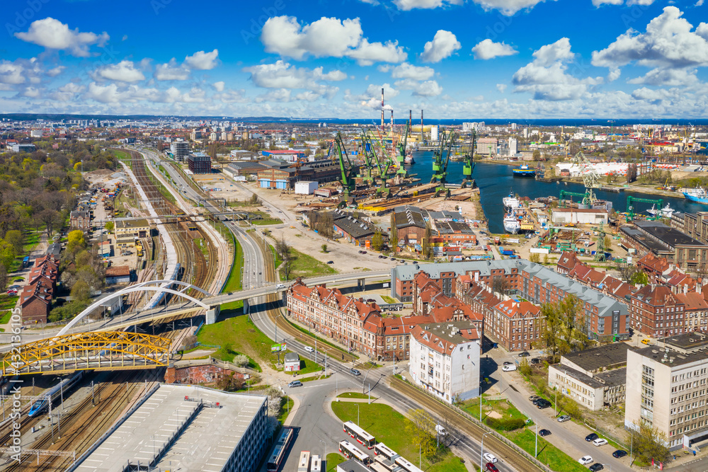 Naklejka premium Aerial view of city center in Gdansk with shipyard area. Poland