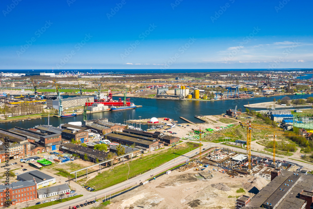 Aerial view of city center in Gdansk with shipyard area. Poland