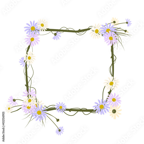 Daisy wreath. Square frame, cute purple and white flowers with yellow hearts. Holiday decorations for wedding, holiday, postcard, poster and design