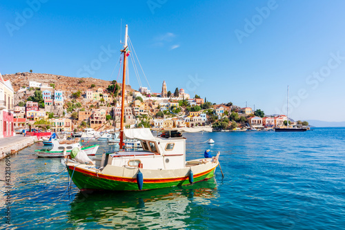 Boats and yachts in Symi port, Dodecanese islands, Greece