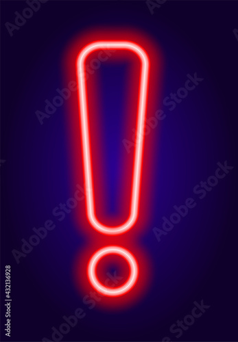 Vector neon exclamation mark in red color. isolated exclamation point element glowing on a dark blue background for a design template. a symbol of attention and anxiety