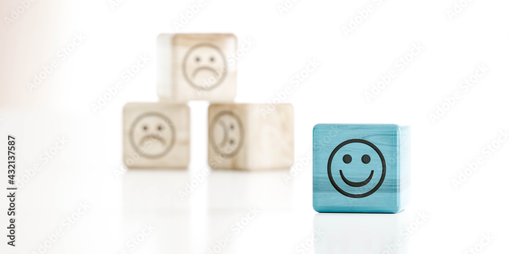 smile emoticon on green wood cube in front of sad emoticon wood cubes 3d render illustration smile emoticon on green wood cube in front of sad emoticon wood cubes 3d render illustration