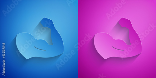 Paper cut Bodybuilder showing his muscles icon isolated on blue and purple background. Fit fitness strength health hobby concept. Paper art style. Vector