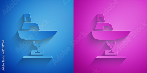 Paper cut Swing boat on the playground icon isolated on blue and purple background. Childrens carousel with boat. Amusement icon. Paper art style. Vector