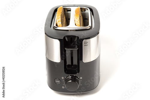 Toaster black color isolated on white background, with bread