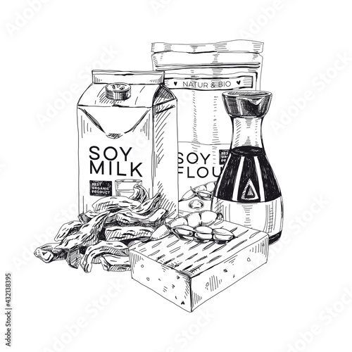 Soy products composition, retro hand drawn vector illustration.