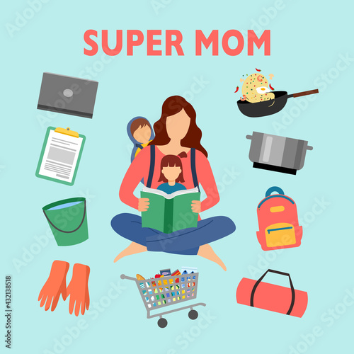 Super mom with multitasking- cooking, cleaning, taking care of baby and office work. Busy mother.