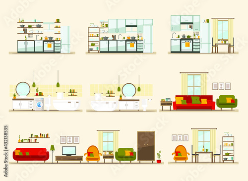 set with interiors, bathroom, kitchen, living room, flat vector illustration of rooms with furniture