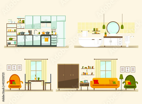 set with interiors, bathroom, kitchen, living room, flat vector illustration of rooms with furniture