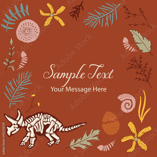Dinosaur Skeleton and Other Botanical Fossils vector Frame Background