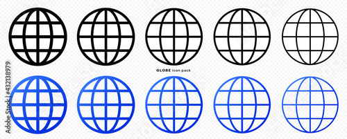 Globe icons set. Web globe flat linear icon. Silhouette of the globe with meridians. Vector elements.