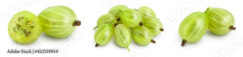 Green gooseberry isolated on white background. Set or collection