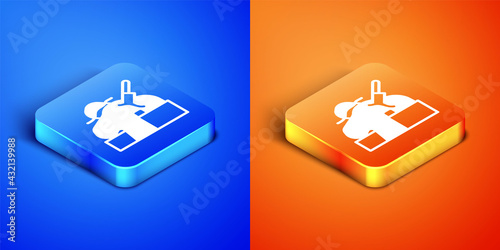 Isometric Murder icon isolated on blue and orange background. Body, bleeding, corpse, bleeding icon. Concept of crime scene. Square button. Vector