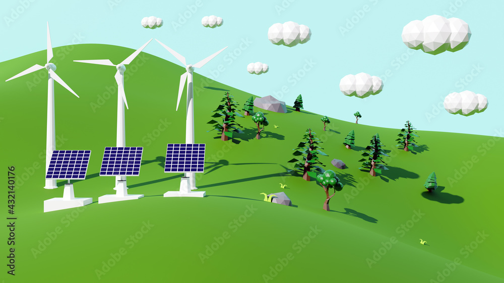 Polygon of ecology environment and energy concept with wind turbines and solar cell abstract background 3d rendering