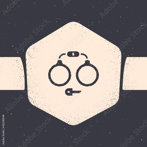 Grunge Handcuffs icon isolated on grey background. Monochrome vintage drawing. Vector