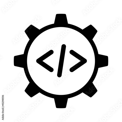 Vector high quality computer programming line icon isolated on white background. Code symbols inside cogwheel representing the concept of coding 