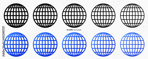 Globe icons set. Web globe flat linear icon. Silhouette of the globe with meridians. Vector elements.