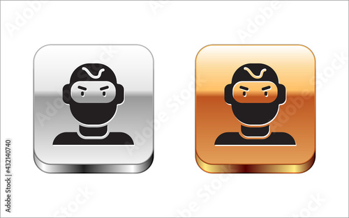 Black Thief mask icon isolated on white background. Bandit mask, criminal man. Silver and gold square buttons. Vector