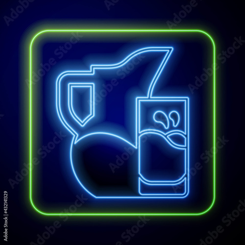 Glowing neon Milk jug or pitcher and glass icon isolated on blue background. Vector