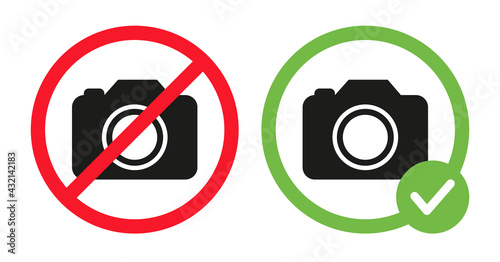 Camera icons in crossed out red circle and photo camera in green circle. No photography prohibition sign and photos allowed vector flat illustration isolated on white background.
