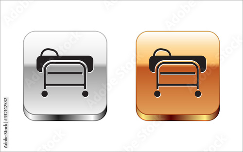 Black Stretcher icon isolated on white background. Patient hospital medical stretcher. Silver and gold square buttons. Vector