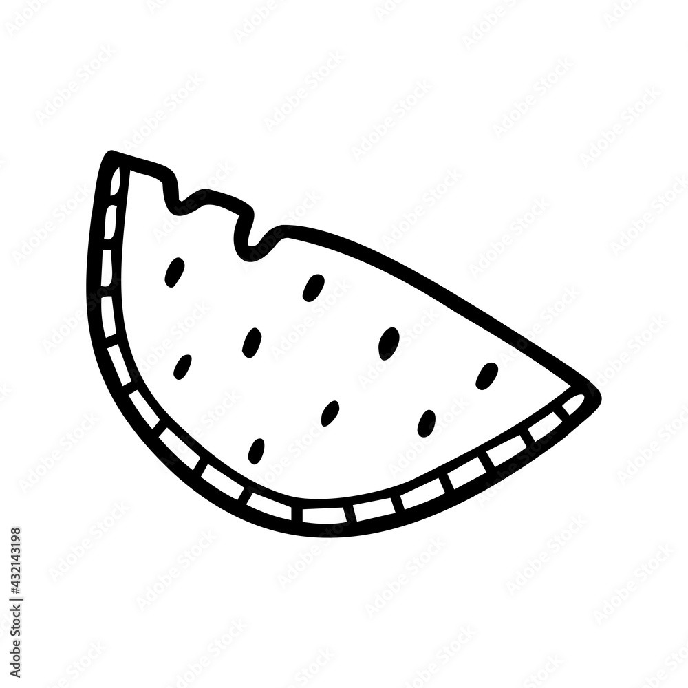 Hand drawn watermelon slice isolated on a white background. Doodle, simple outline illustration. It can be used for decoration of textile, paper.