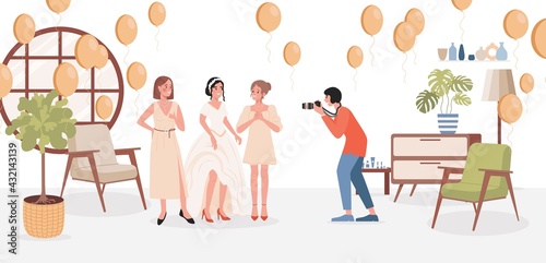 Bride photosession vector flat illustration. Happy smiling bride in wedding dress with bridesmaids posing for photographer for wedding photos. Preparation for luxury wedding ceremony, marriage party.
