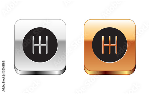 Black Gear shifter icon isolated on white background. Transmission icon. Silver and gold square buttons. Vector