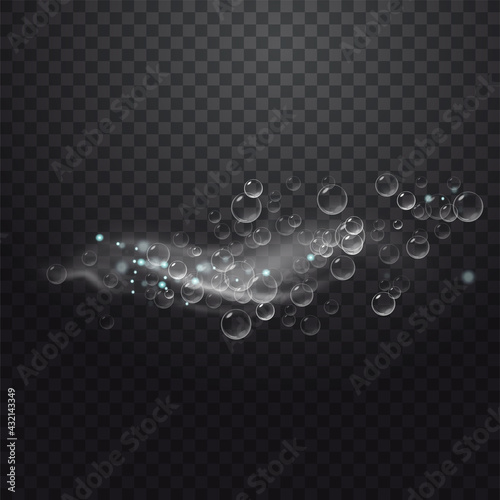 Realistic sparkling air bubbles in water. Bubbles fizzing under water. Transparent checkered background.