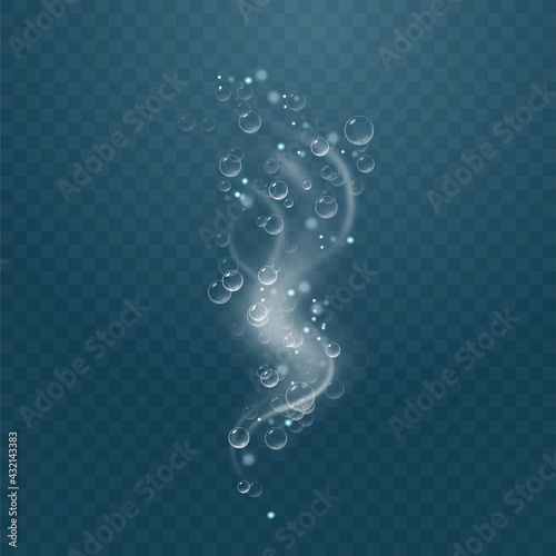 Realistic sparkling air bubbles in water. Bubbles fizzing under water. Transparent checkered background.