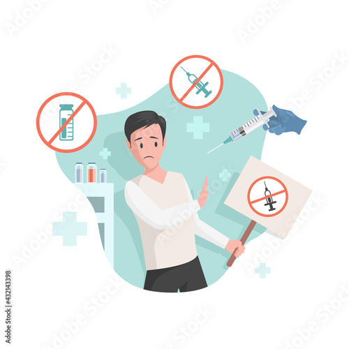 Frightened man afraid of vaccination vector flat illustration. Scared male character against vaccination from different diseases and viruses. Immunity health, anti vaccination agent concept.