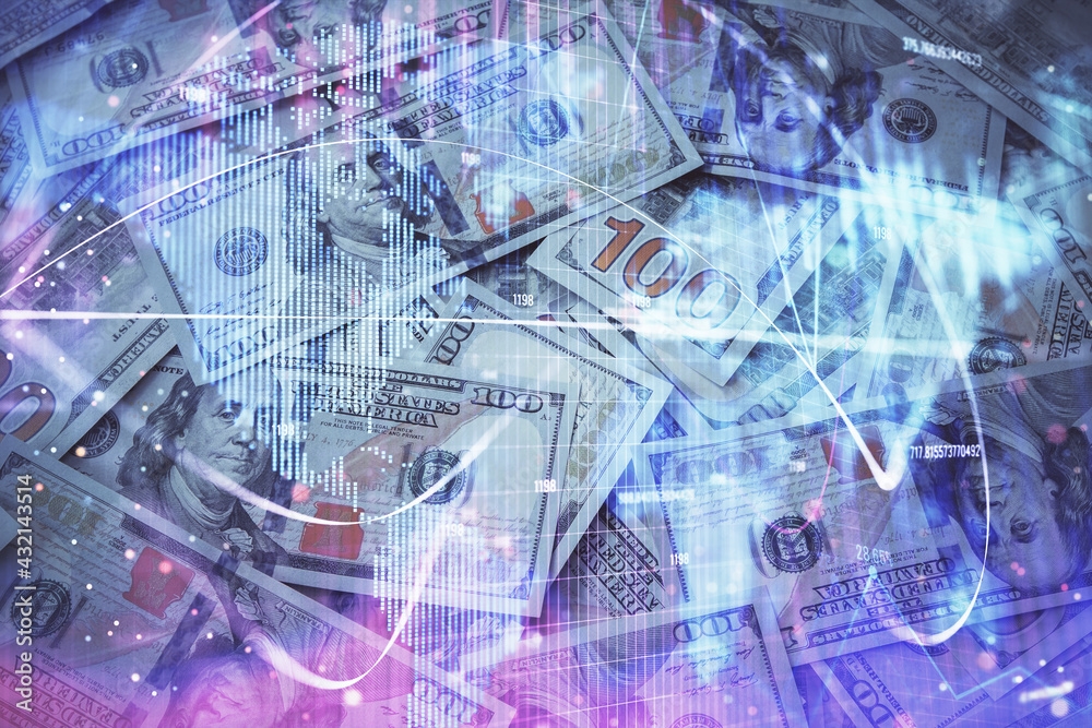 Multi exposure of business theme drawing over us dollars bill background. Concept of financial success. Multi exposure of business theme drawing over us dollars bill background. Concept of financial success.