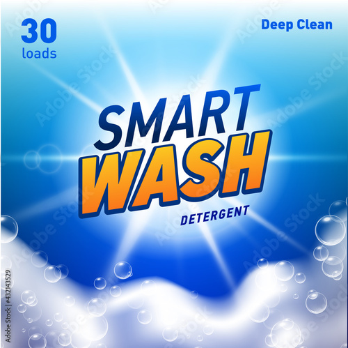 Detergent package design template with lens flare and realistic soap foam.