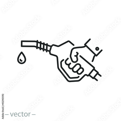hand holding fuel pump, icon, petrol or diesel station, gasoline nozzle, car fill, thin line symbol on white background - editable stroke vector eps10