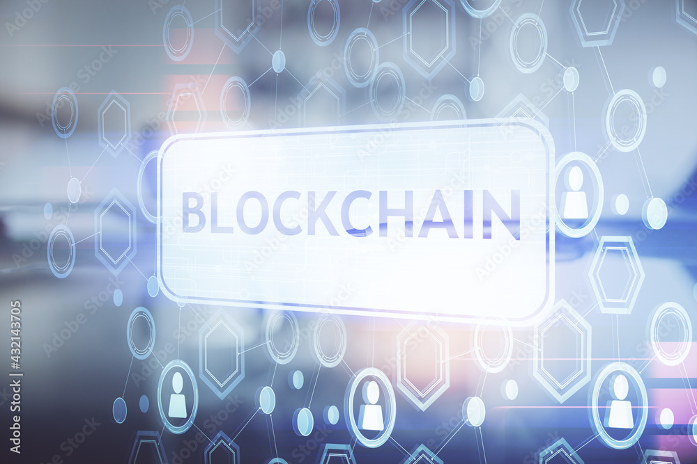 Double exposure of crypto currency theme drawing hologram over coffee cup background in office. Concept of international blockchain. Double exposure of crypto currency theme drawing hologram over coffee cup background in office. Concept of international blockchain.