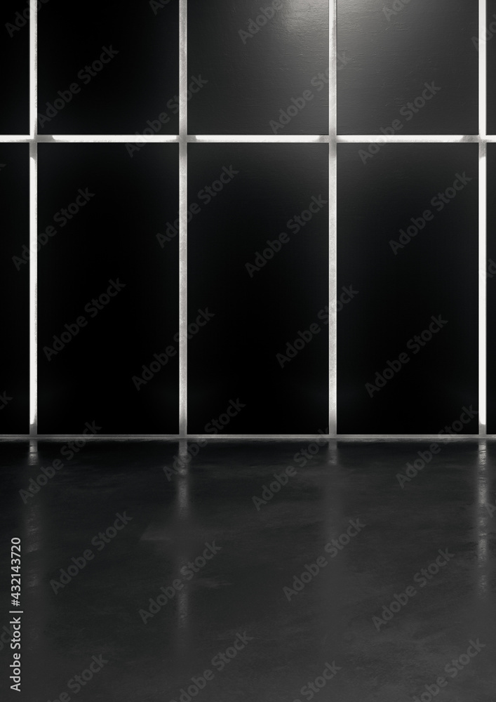 Fototapeta premium Abstract blank space of empty room with metal grid walls. Futuristic dark interior design concept. 3D Rendering