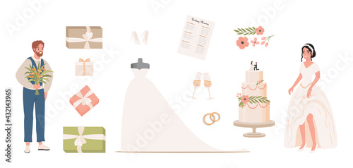 Wedding vector flat illustration. Groom with bouquet, bride in white wedding dress, wedding planning, marriage rings, wedding cake decorated with flowers and leaves, gift boxes, champagne glasses.