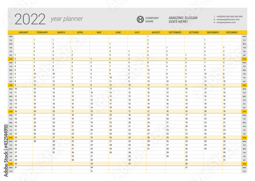 Calendar yearly planner template for 2022. Printable template. Week starts on Monday