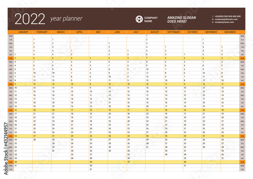 Calendar yearly planner template for 2022. Printable template. Week starts on Monday