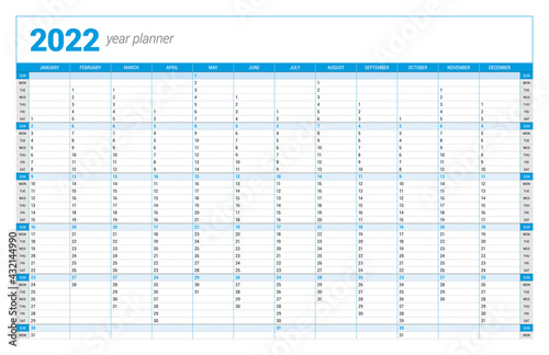 Calendar yearly planner template for 2022. Printable template. Week starts on Sunday