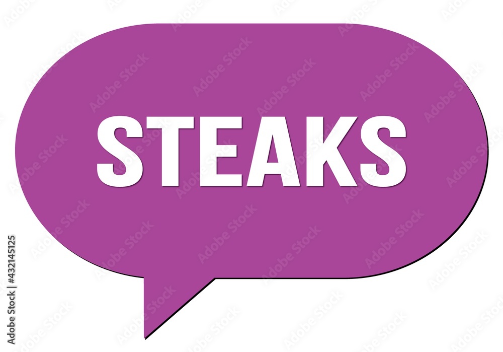 STEAKS text written in a violet speech bubble STEAKS text written in a violet speech bubble