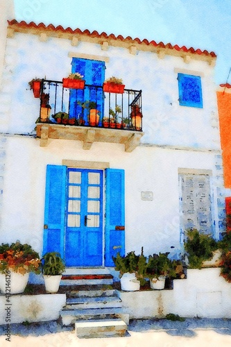 A glimpse of the traditional colorful buildings in a small town near the sea in Sardinia. Digital painting. © Max Folle