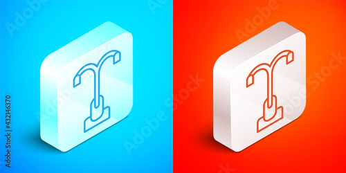Isometric line Street light system icon isolated on blue and red background. Silver square button. Vector