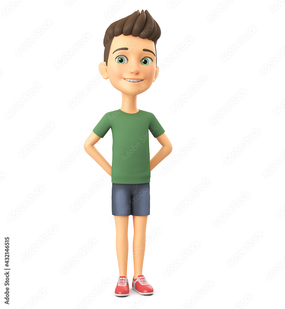 Cheerful guy cartoon character in a green T-shirt on a white background. 3d render illustration. Cheerful guy cartoon character in a green T-shirt on a white background. 3d render illustration.