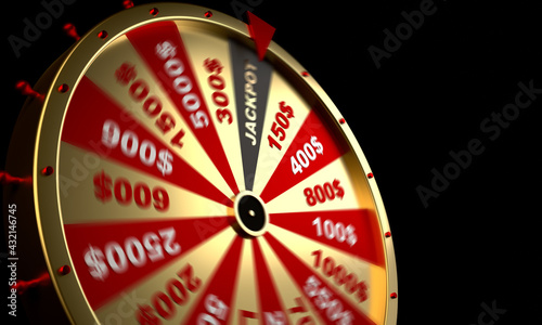 Wheel of fortune on black background for gambling and lottery winning concept. Wheel of fortune to play and win the jackpot. 3D rendering.