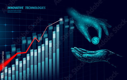 Fundraising giving money hand. Charity volunteer giving donate social project. Finance funding dark low poly vector illustration
