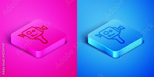 Isometric line Retro cinema camera icon isolated on pink and blue background. Video camera. Movie sign. Film projector. Square button. Vector