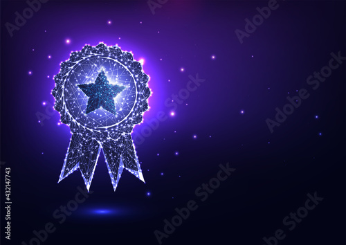 Futuristic glowing low polygonal best quality award badge concept